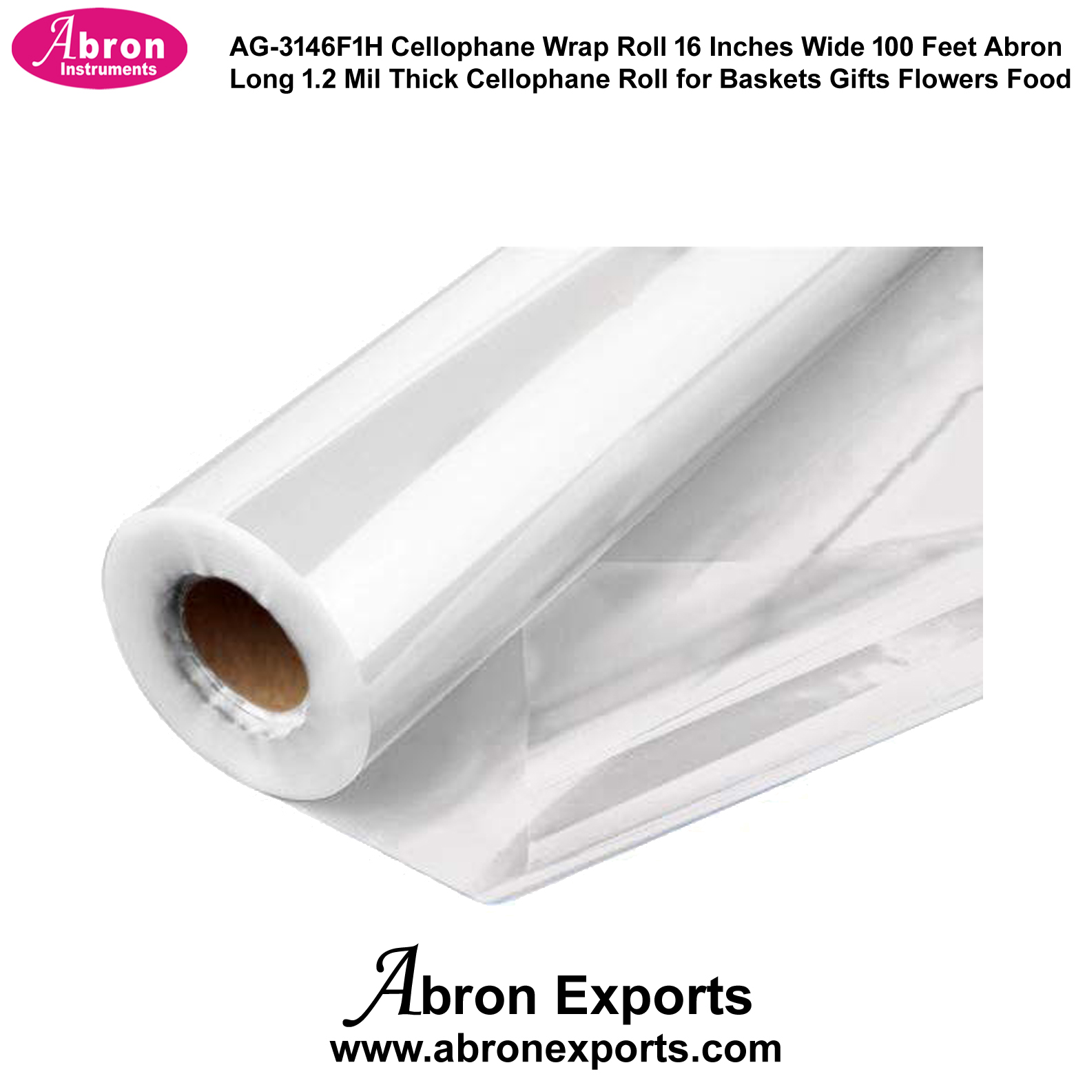 Cellophane Wrap Roll 16 Inches Wide 100 Feet Long 1.2 Mil Thick Cellophane Roll for Baskets Gifts Flowers Food Safe Abron AG-3146F1H 